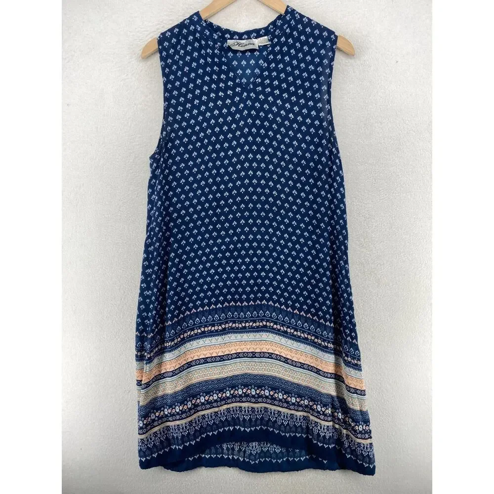 HENNA Dress One Size Floral Geometric V-Neck Boho Sleeveless Midi Boho Blue - Picture 1 of 10